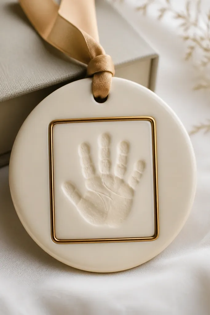 A warm cream ornament with a brass rectangle frame around the handprint, the handprint lightly shaded, and a tan ribbon.