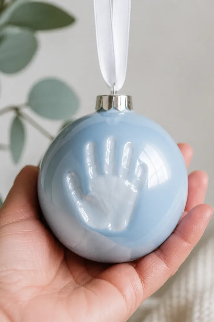 A powder blue ornament with a pearly white crest-like highlight on the handprint and a white ribbon loop.