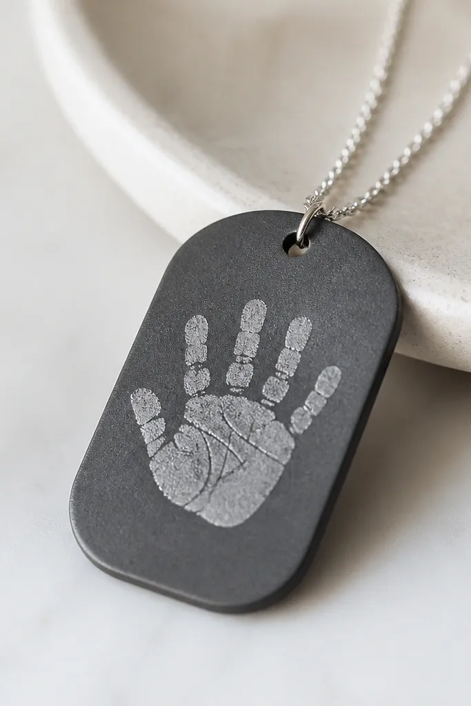A charcoal gray ornament shaped like a tag with a silver chain, the handprint lightly silvered, and clean edges.