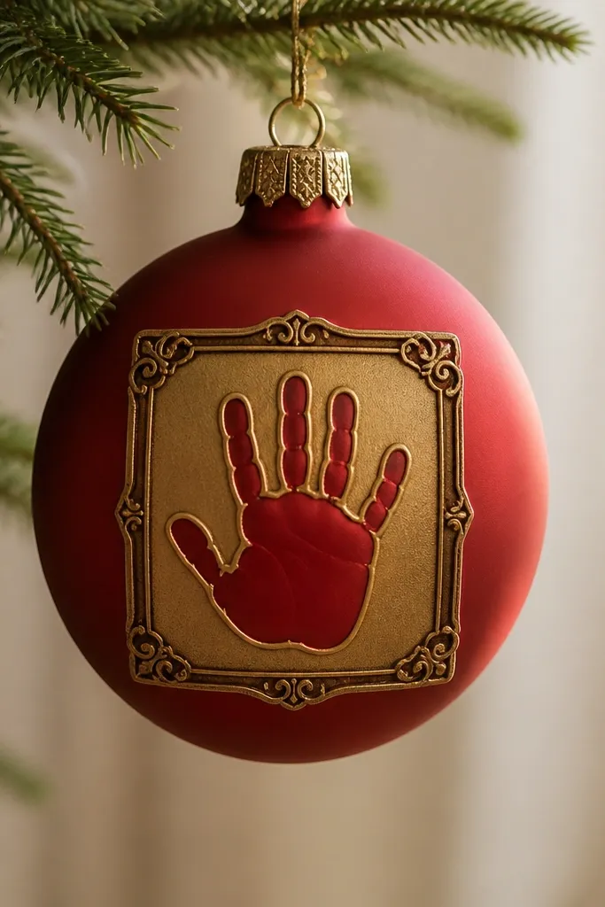 A classic red ornament with an antique gold rectangular frame inside the border, and the handprint in red with gold edge shading.