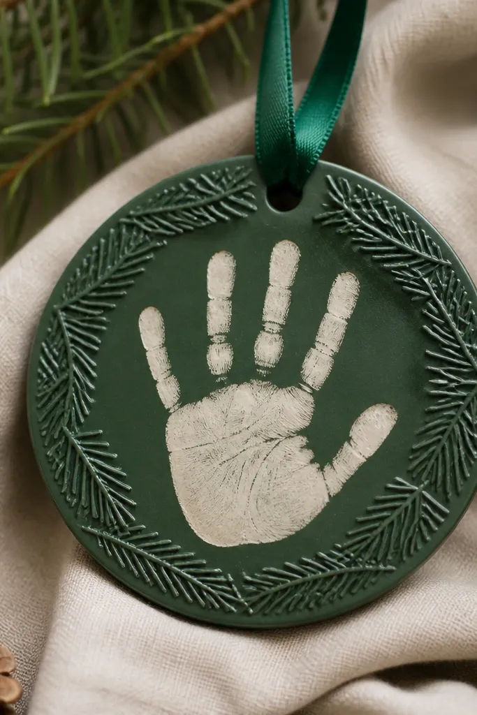 A forest green ornament with a raised pine needle texture border, the handprint painted cream, and a green ribbon.
