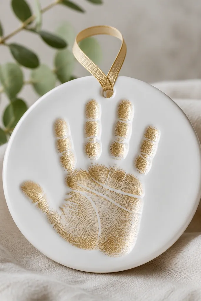 A smooth white ornament where only the handprint ridges are coated in gold mica, with a thin gold ribbon loop.