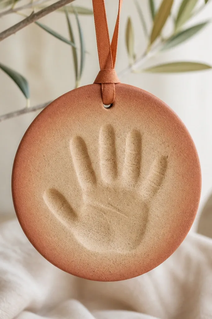 A sand-colored ornament with a terracotta ombre rim fading inward, a handprint center in sand, and a terracotta ribbon.