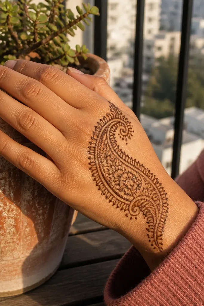 One paisley swoop on the outer back of the hand with dots and a thin wrist curve