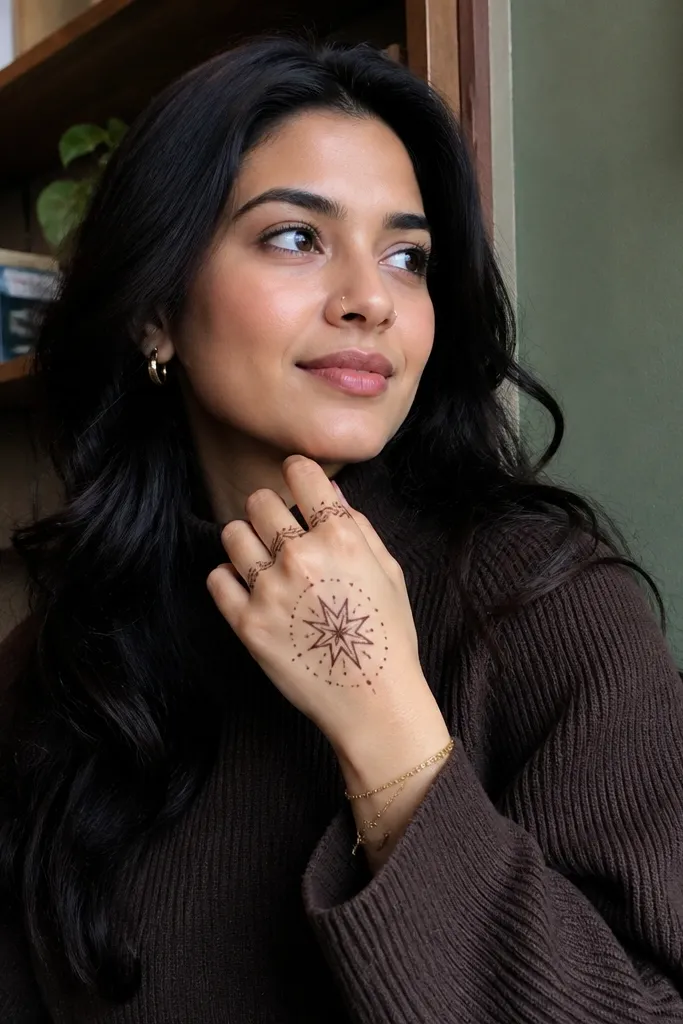 Thin outlines around finger bases with a small open star in the center and dot accents