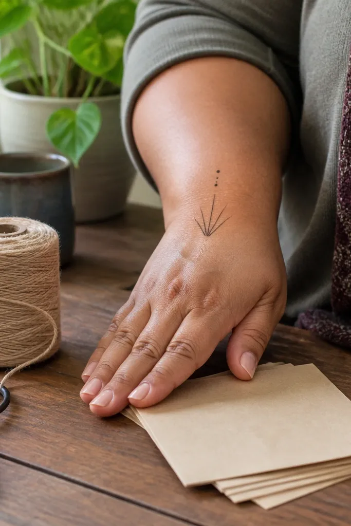 A fan shape at the wrist with three lines and tiny dots leading upward