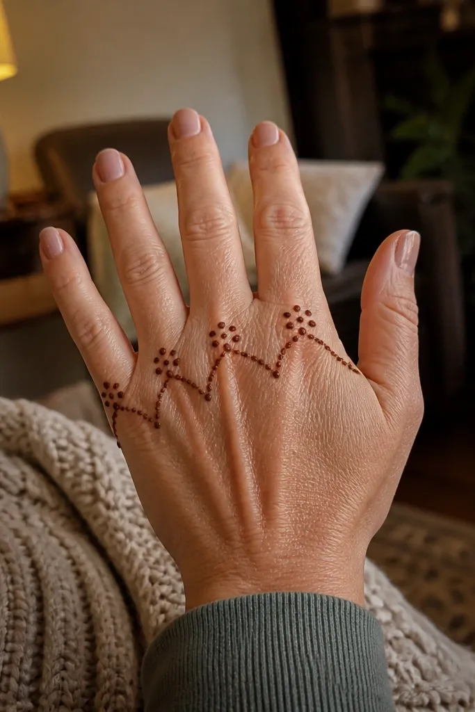 Dot clusters on each knuckle with tiny arch lines connecting them to the wrist