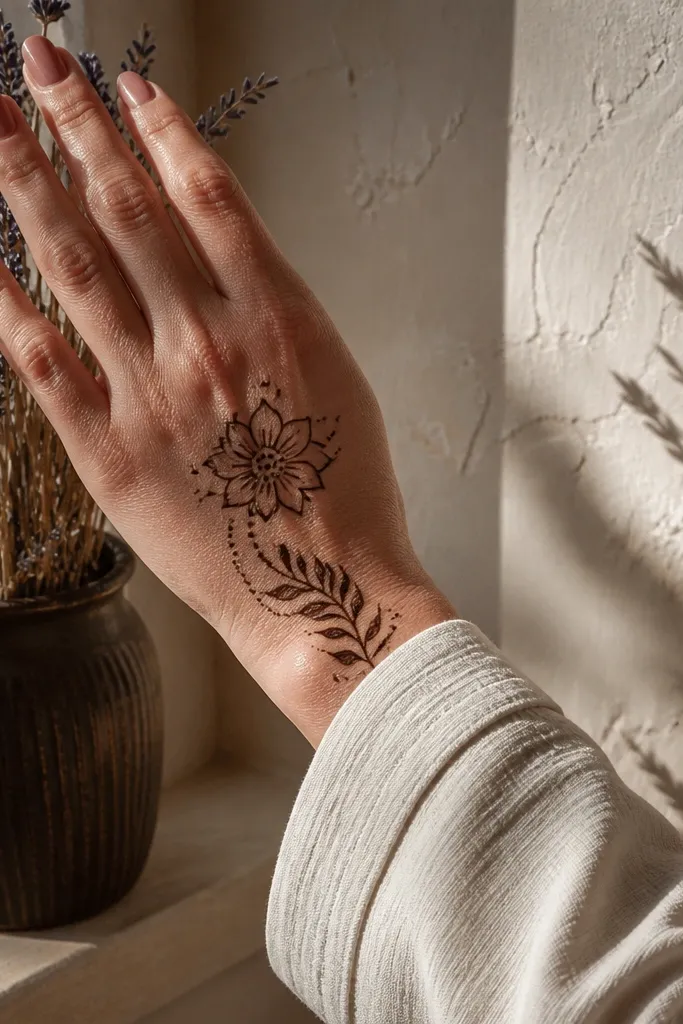 A small open peony on the outer edge with petal outlines and a dot trail toward the wrist