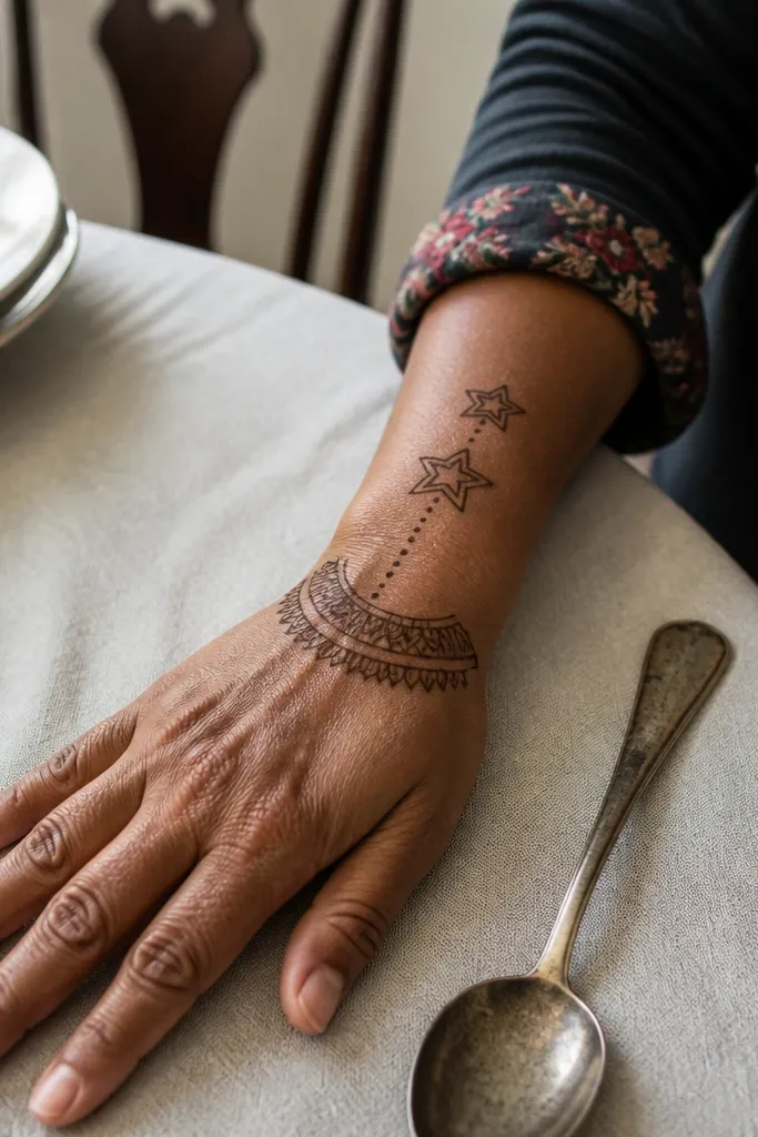 A half-circle band across the wrist with two small five-point stars on the back hand and dots