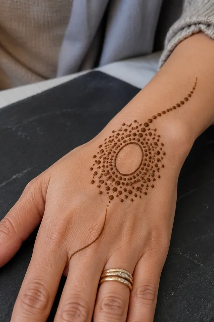 A center oval with a ring of dots around it and a thin curved line toward the wrist