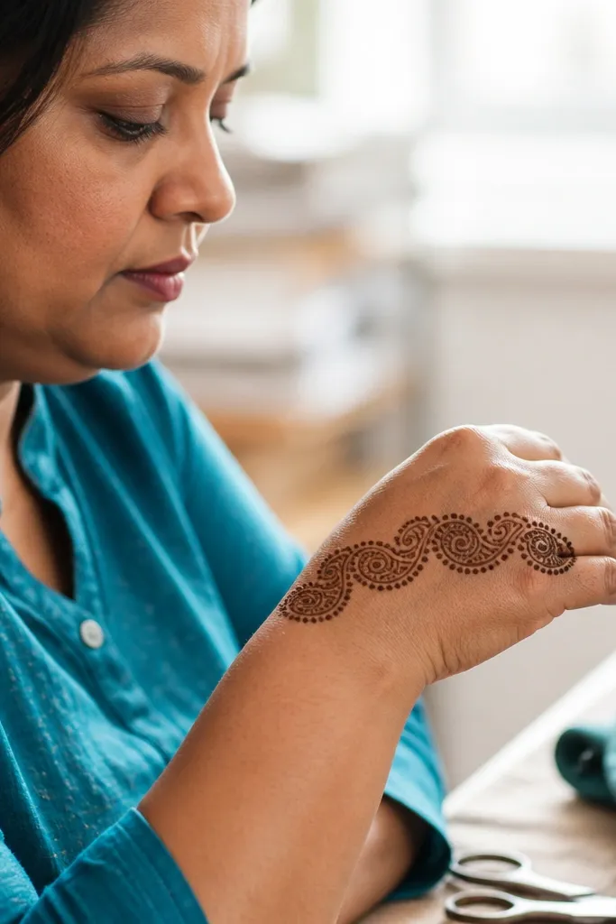 A bracelet-like line of small paisleys across the knuckle area with dots between them