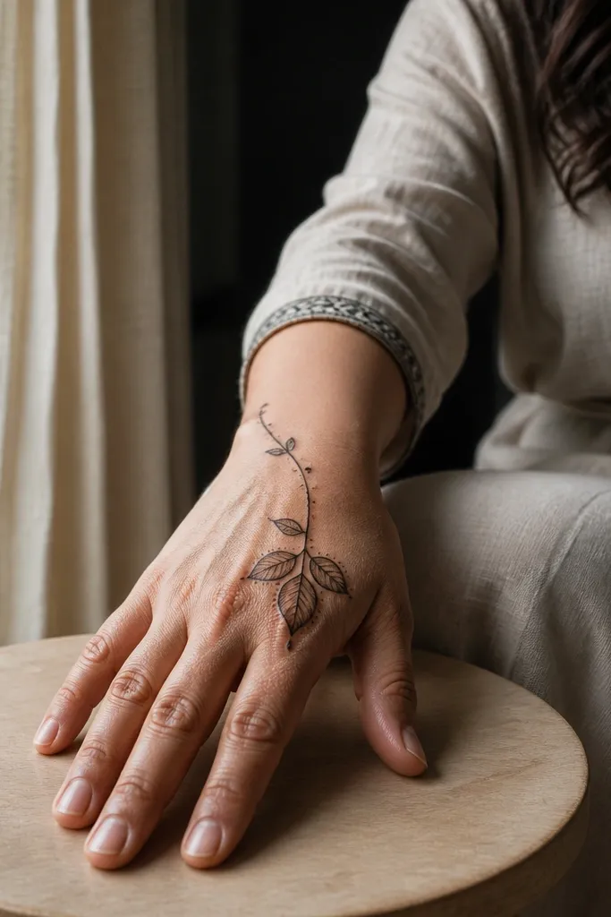 A thin vine line from wrist to center with three small leaf shapes and dot accents