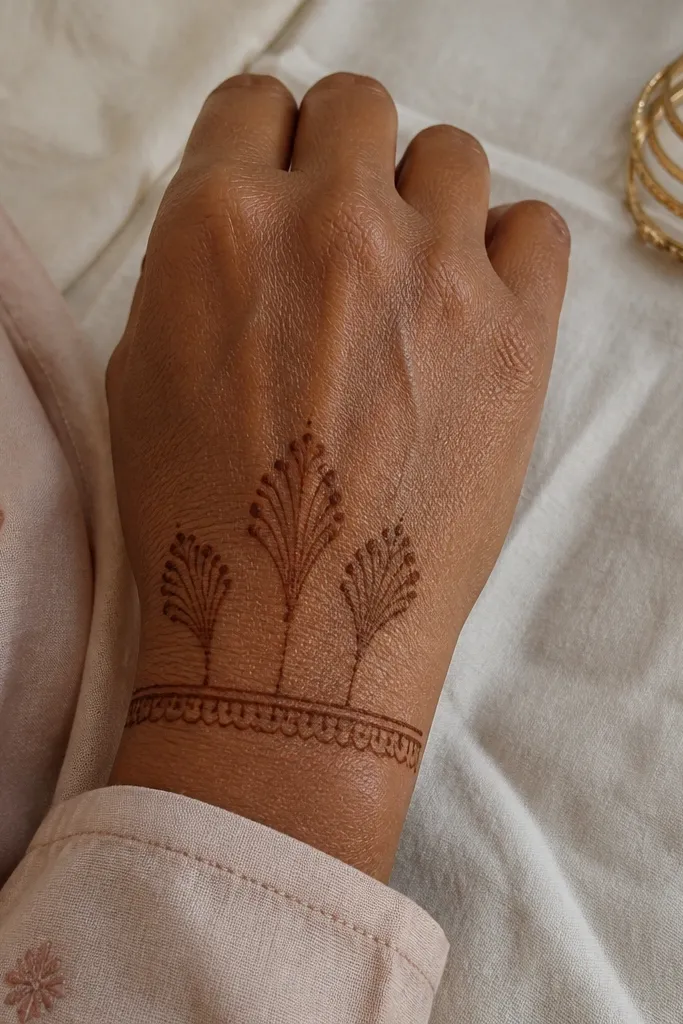 Two stacked bands at the wrist with three small fan shapes across the fingers