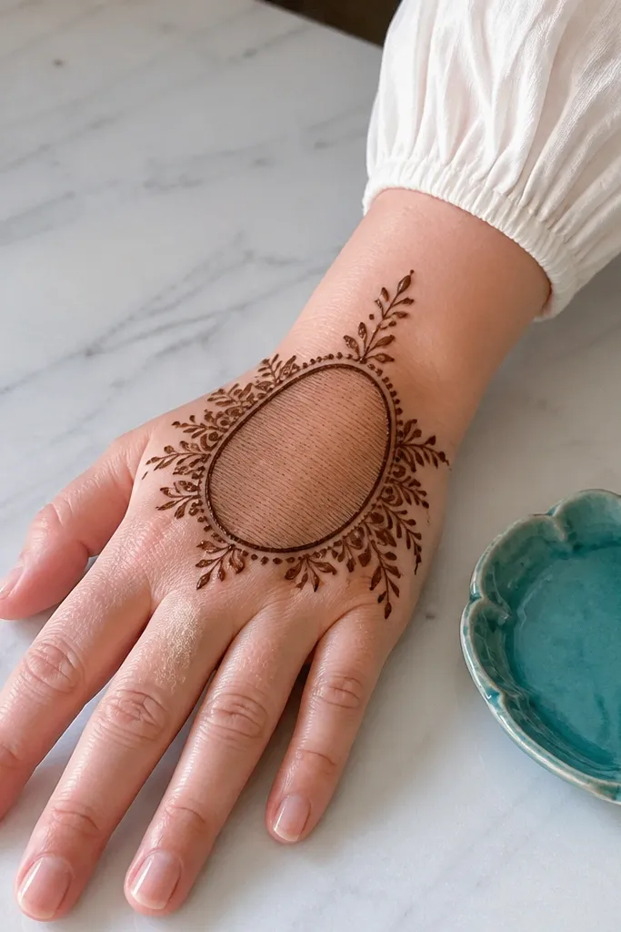 A central oval on the back of the hand with small dotted vines on both sides
