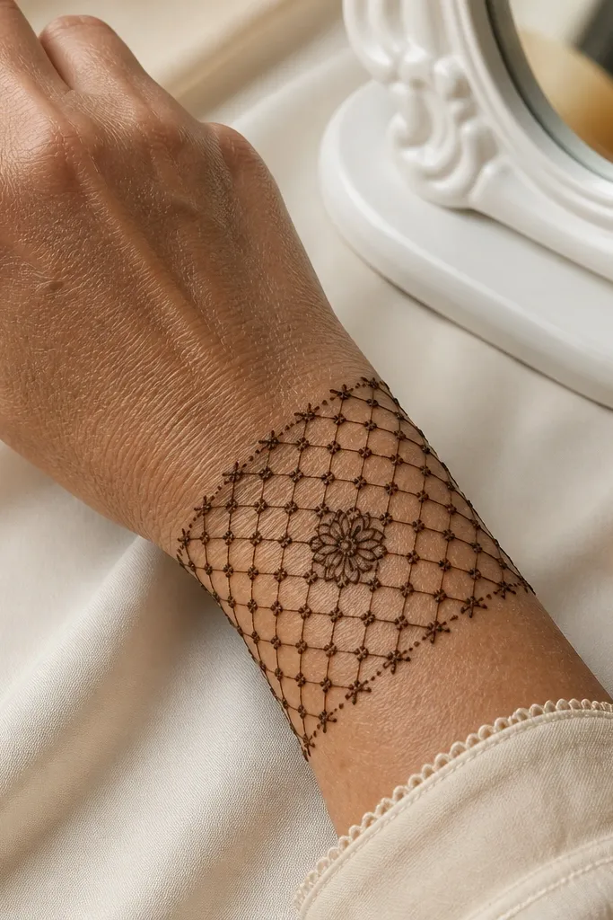 A net lattice around the wrist ending in one small flower in the center