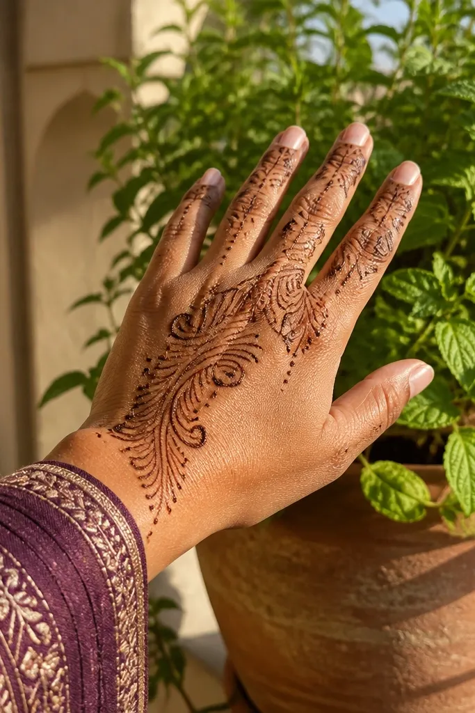Three arched feather lines across the back of the hand with small dots along the curve