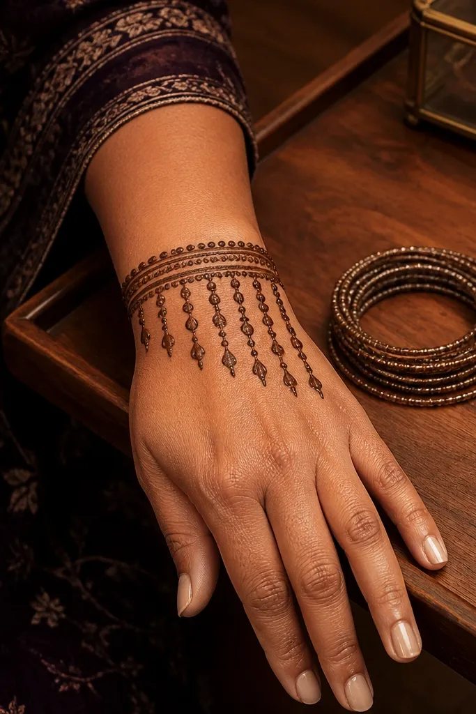 A bracelet band at the wrist with small hanging bead drops