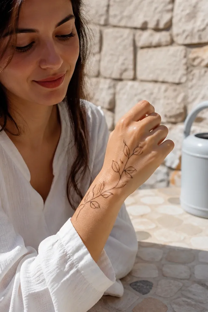 A thin vine line across the back of the hand with small leaf pairs