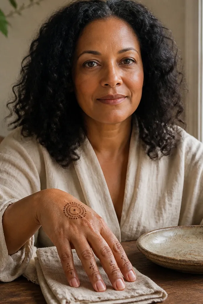 A few dot clusters near knuckles with a small center dot mandala on the hand