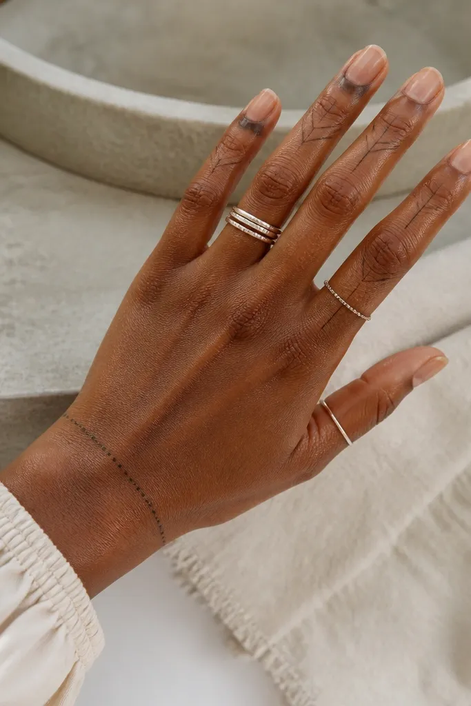V-shaped lines on finger sides with a dotted band around the wrist