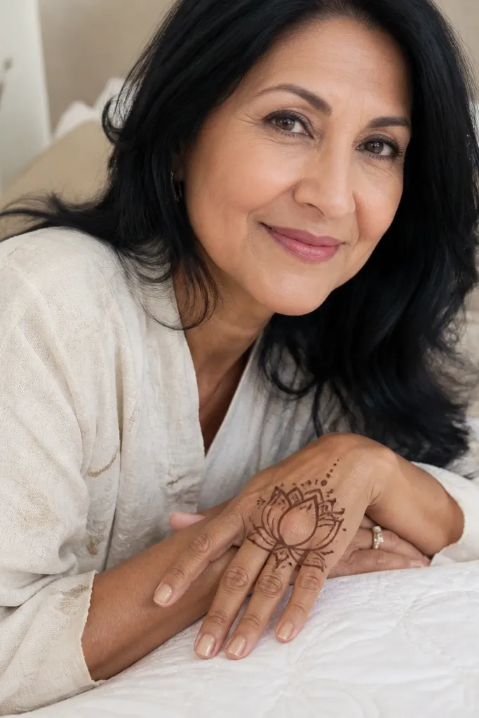 An open-center lotus on the back of the hand with side petal outlines
