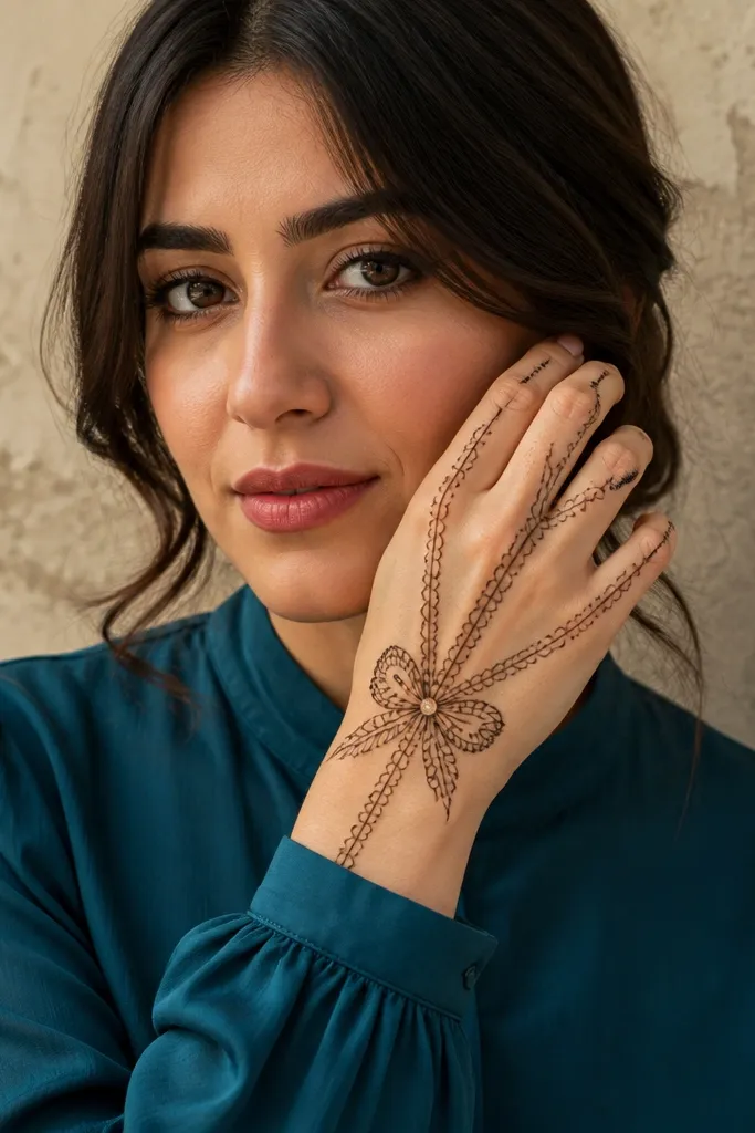 Light lace-like lines on finger sides with a small bow shape on the back of the hand