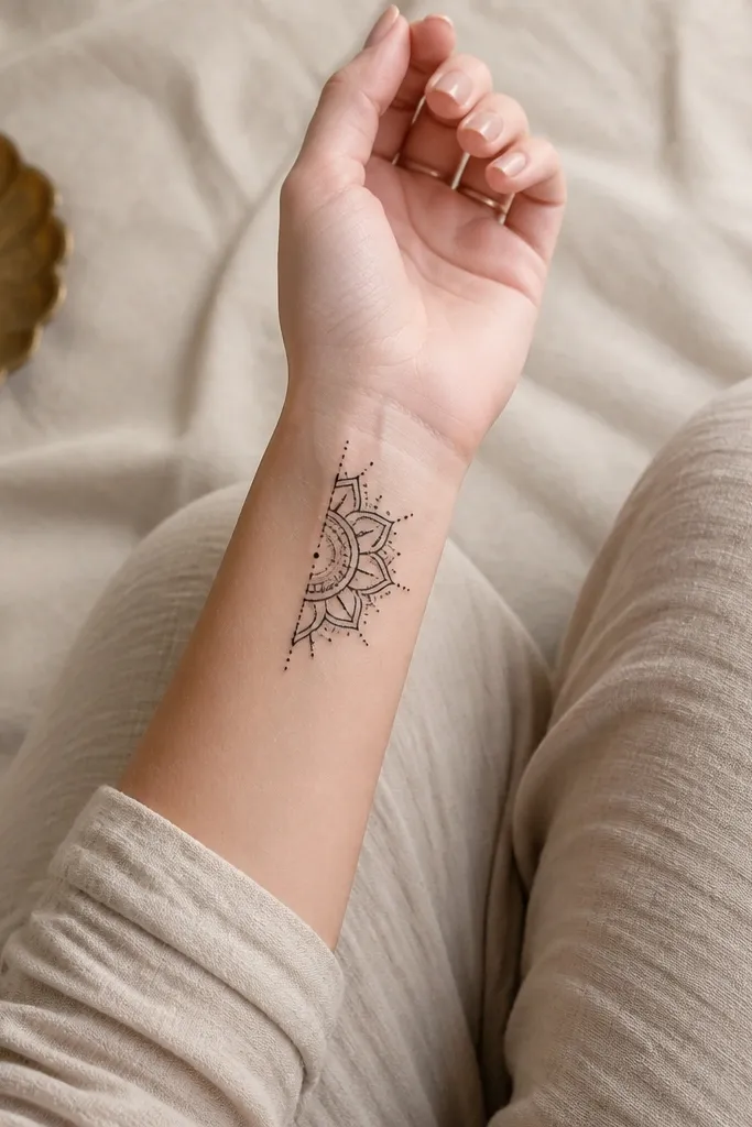 A small quarter mandala on the wrist with dotted spokes