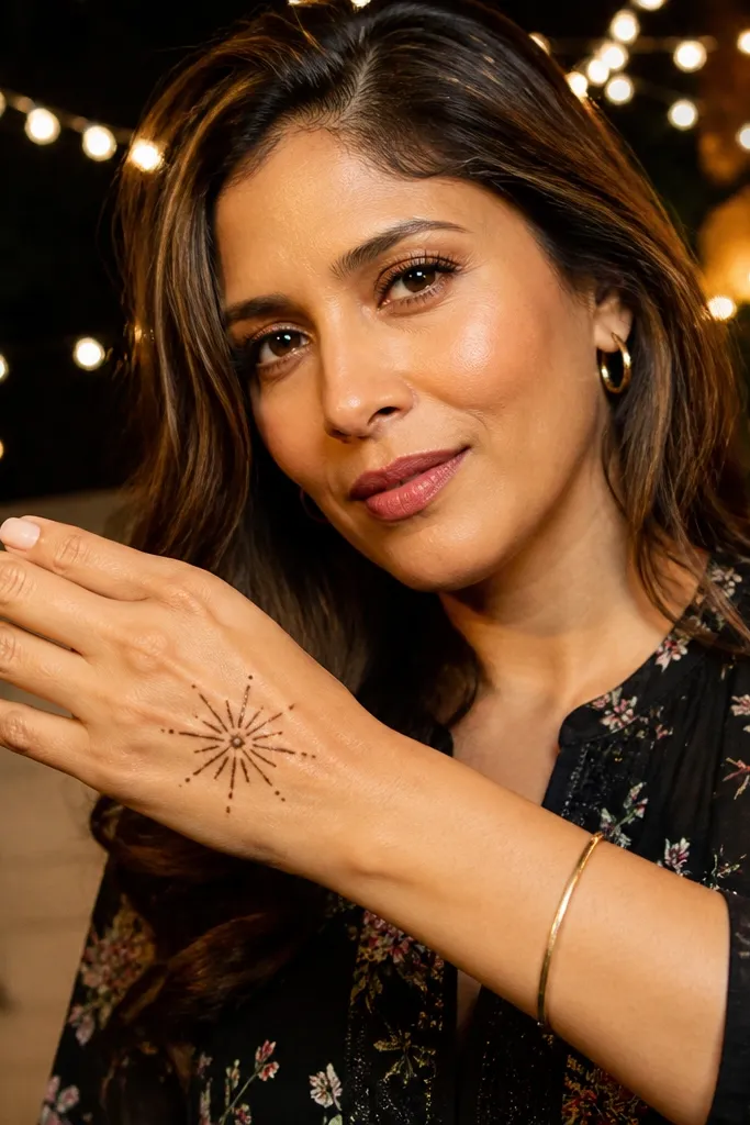 A diagonal starburst motif on the back of the hand with small dots between rays