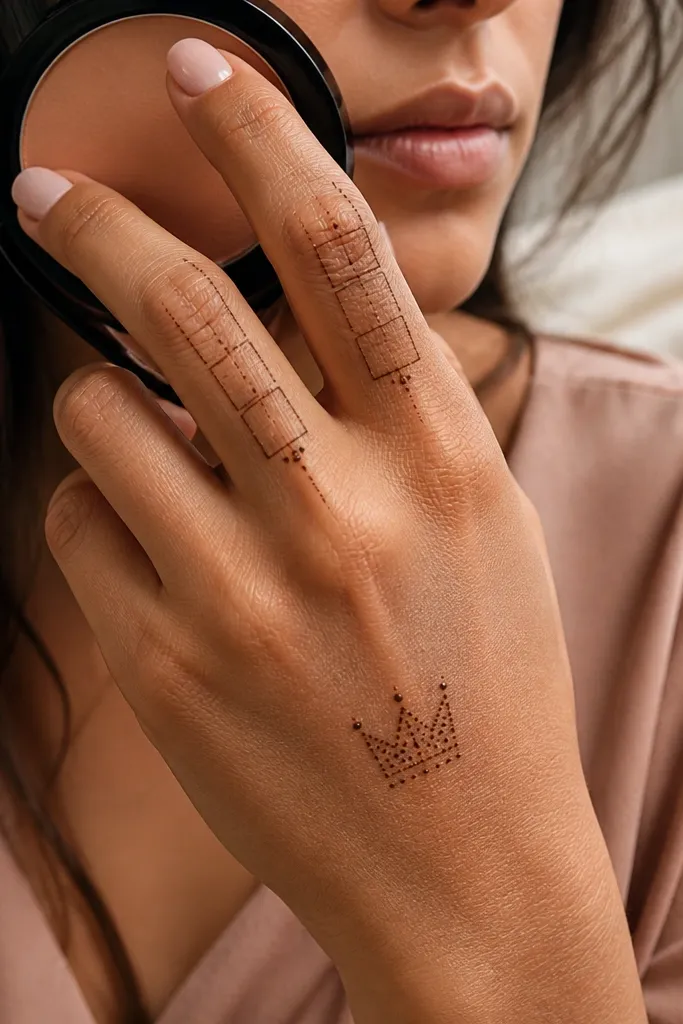 Small geometric grid patterns on fingers with a dot crown on the back hand