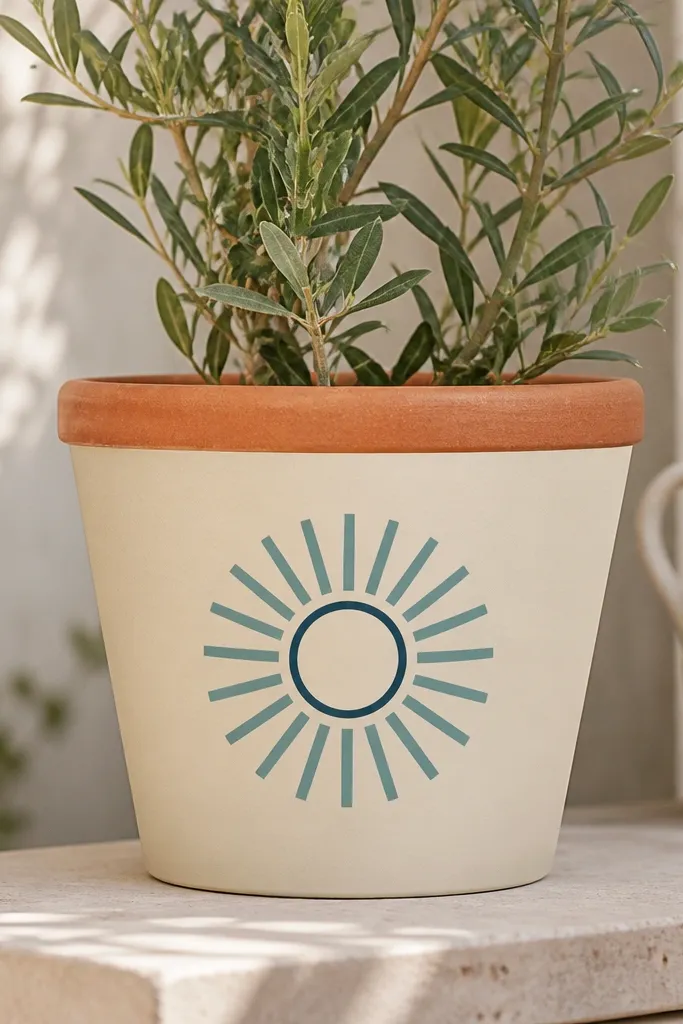 A terracotta pot painted creamy off-white with a centered sunburst: short teal rays radiate from the middle, with a thin dark teal ring around the center. The top rim stays terracotta and looks unpainted, while the front pattern is crisp.