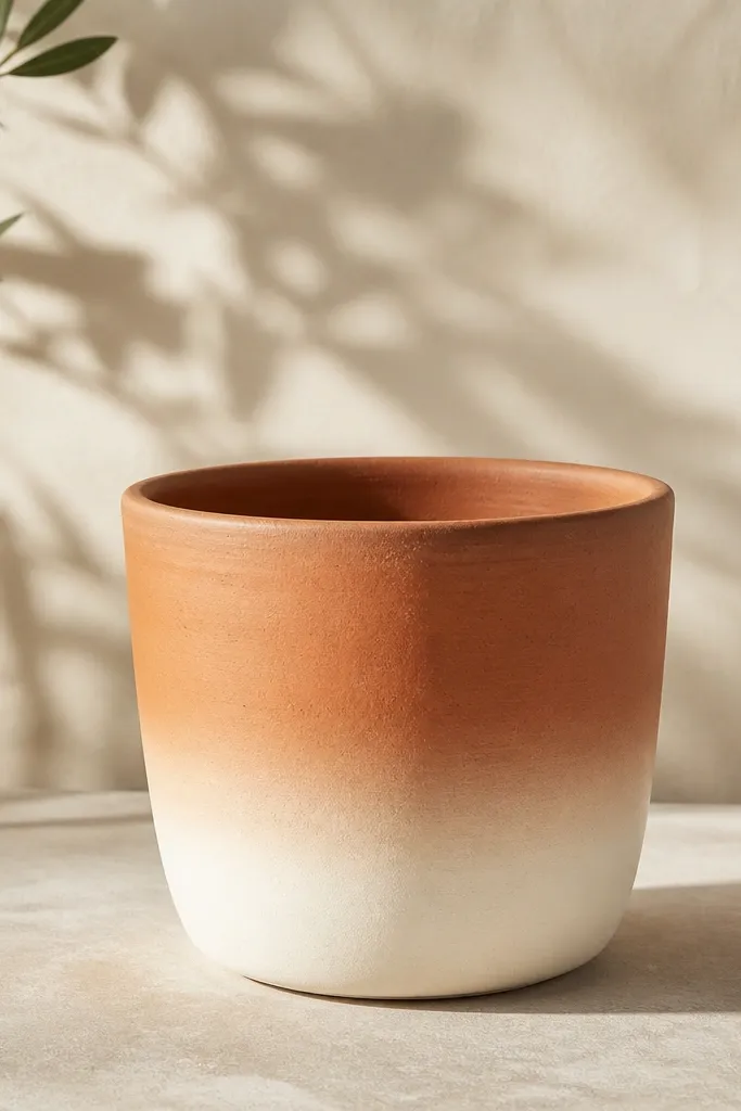 A terracotta pot with the bottom half blended from terracotta into creamy white. The fade is smooth and horizontal, with the lightest part near the bottom edge and slightly darker cream higher up.