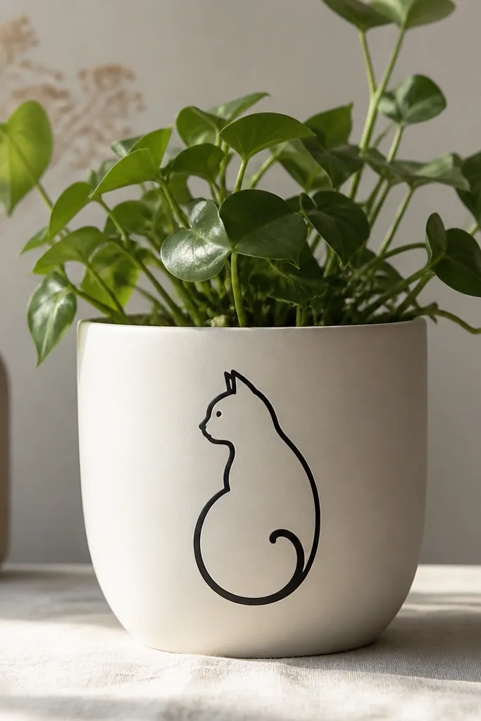 A pot painted matte off-white with a simple black cat silhouette outline on the front. The cat has pointed ears, a curled tail, and a small white highlight dot painted inside the eye area.