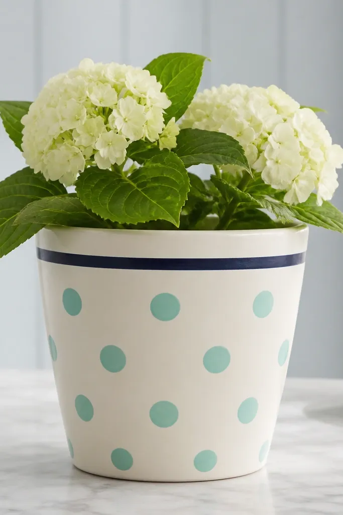 A pot painted light warm white with evenly spaced mint polka dots across the front. A narrow navy band wraps around just below the rim, and the dots are perfectly round.