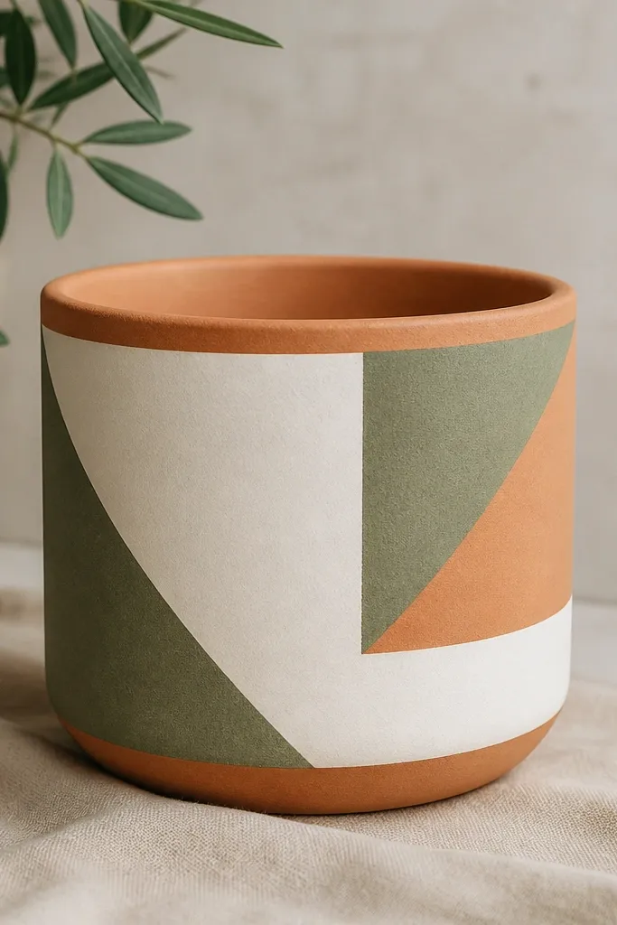 A pot with crisp geometric shapes: white blocks, sage triangles, and terracotta showing between them. Masking tape lines are clean, and the shapes wrap slightly around the sides.