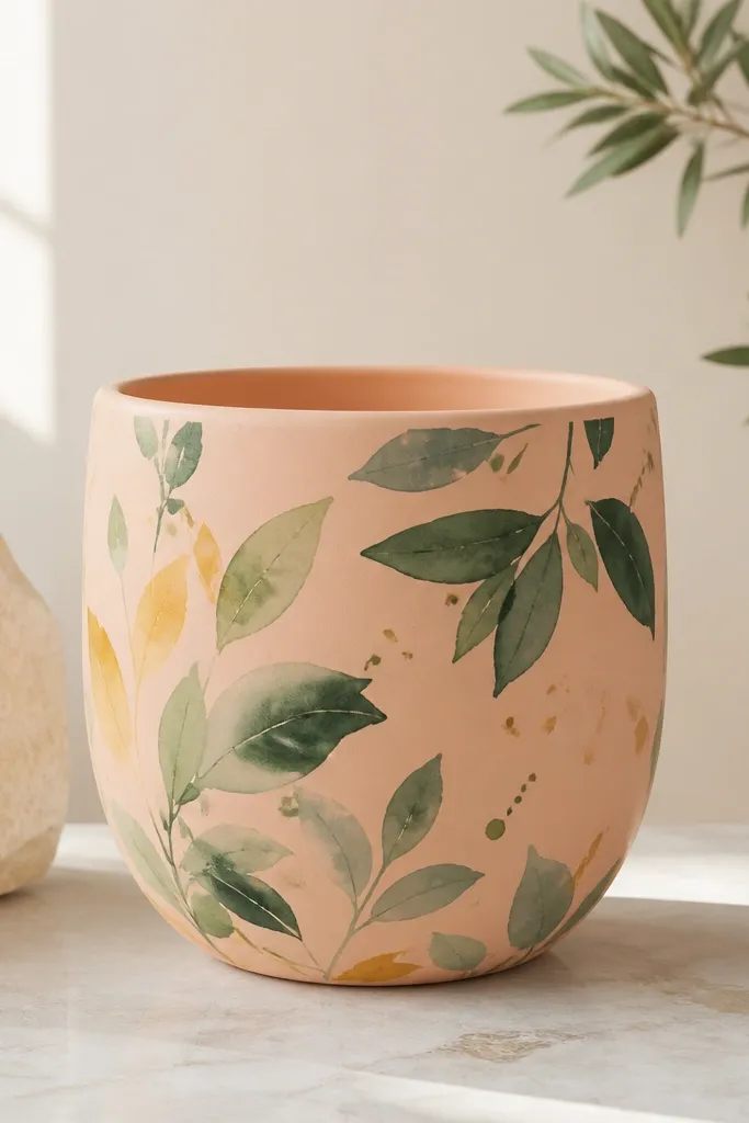 A pot painted warm peach with loose watercolor-style leaf shapes in varying greens and a few yellow accents. The leaves look airy, with soft edges and small splatter dots.