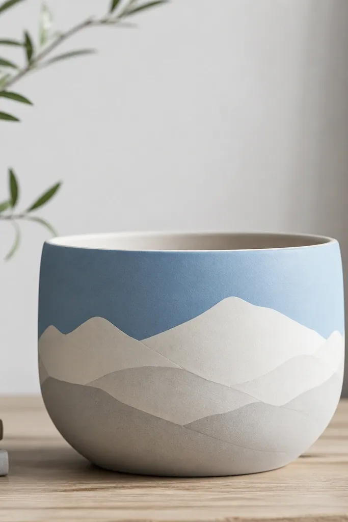A pot with a sky blue band across the upper half and layered mountain shapes in white and light gray. The mountains are stacked like a landscape mural with soft edges.