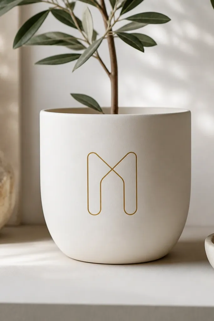 A pot painted matte warm white with a single gold line monogram centered on the front. The monogram looks like a thin continuous line with rounded corners.