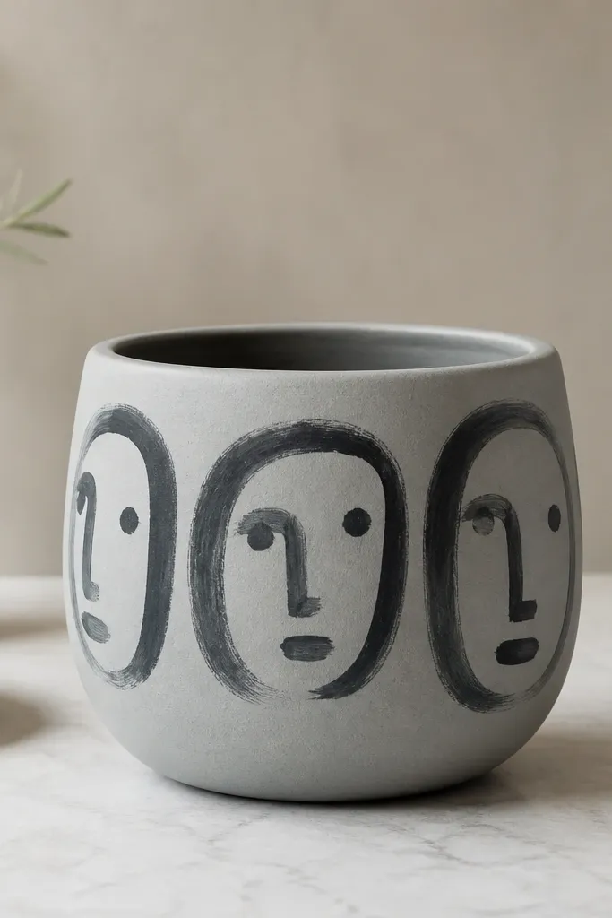 A pot painted light gray with three simple charcoal ink faces around the front. The faces are abstract with dot eyes and short line mouths, with visible brush texture.
