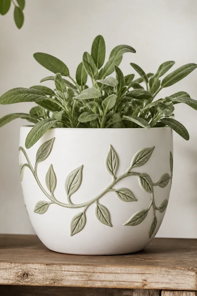 A pot painted white with a continuous sage vine wrapping around the front. Small leaf pairs branch off the vine, and there's a thin dark green accent line on some leaves.