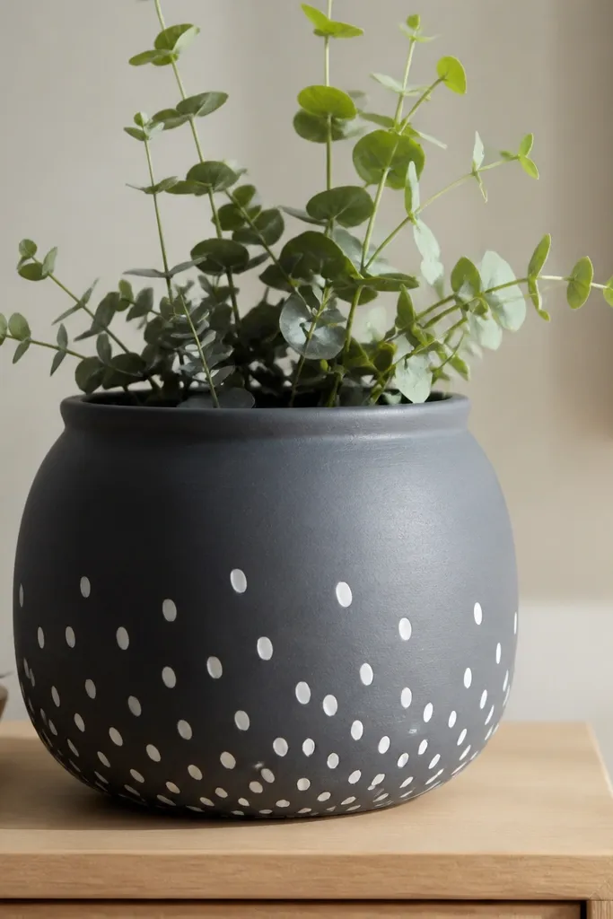 A pot painted deep charcoal gray with scattered white pebble-like dots near the bottom half. The dots vary slightly in size and are shaped like small ovals rather than perfect circles.