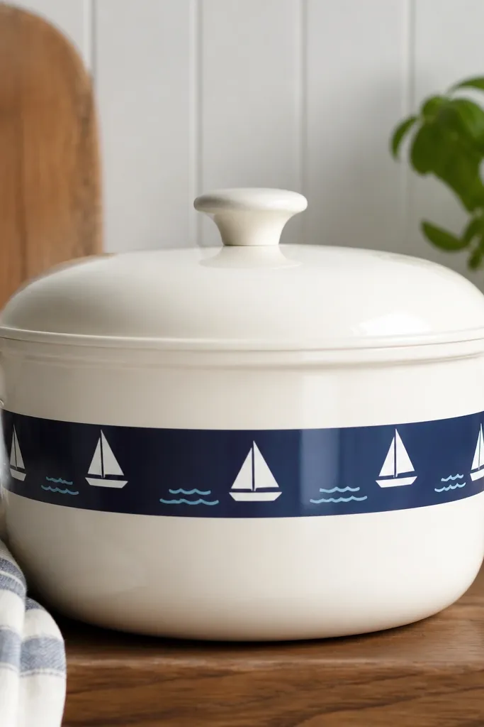 A pot painted creamy white with a horizontal navy strip across the middle. On the strip, there are simple sailboat icons in white and a few tiny wave lines in light blue.