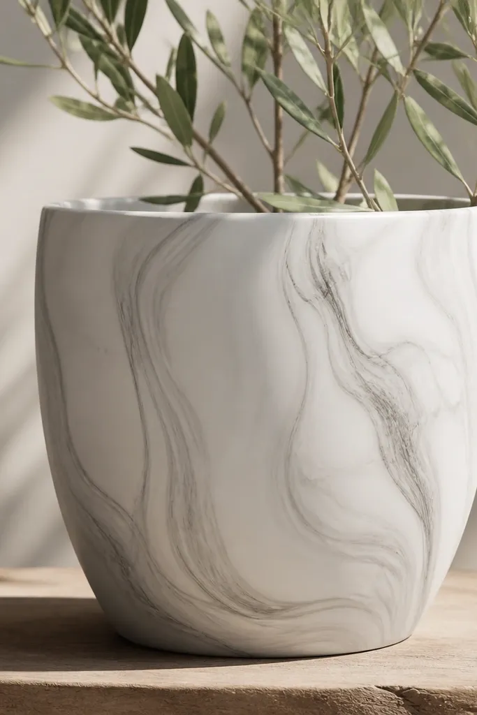A pot painted with a marble effect: white base with gray swirled streaks that look like stone veins. The swirls curve vertically and are semi-translucent.
