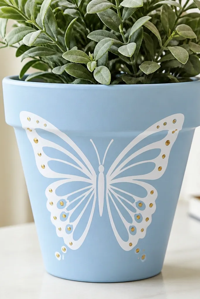 A pot painted soft sky blue with a butterfly wing stencil on the front in white. Small metallic gold dot spots sit along the wings and near the edges, with clean stencil borders.
