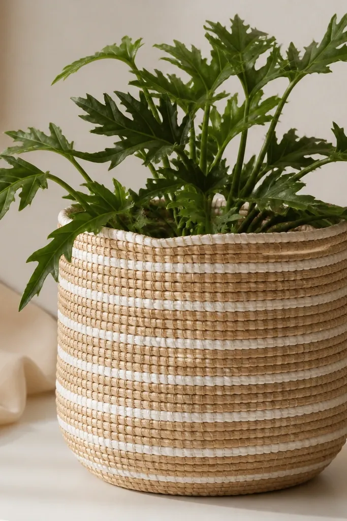 A pot that looks like woven rattan: alternating thin tan and white stripes with slightly wavy edges, plus a few darker tan lines that mimic weave shadows.