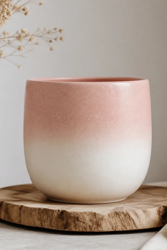 A pot with a blush pink ombre across the upper half fading into creamy white near the middle. White speckles are scattered lightly across the pink area only.