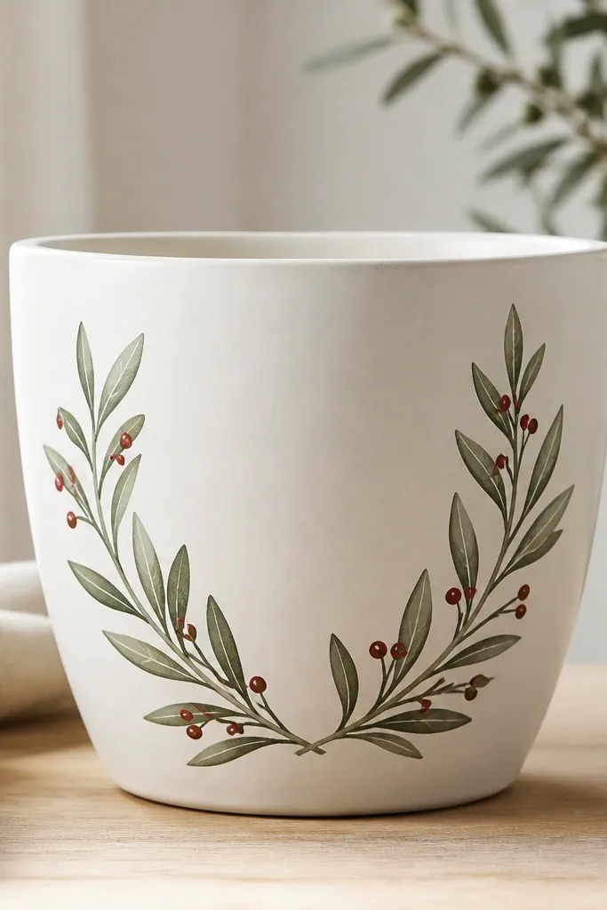 A pot painted warm white with two olive branch arches across the front in olive green. Tiny red berries dot along the branches, and there are a few light gray leaf veins.