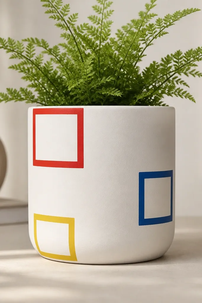 A pot painted matte off-white with three corner squares in bright primary colors (red, blue, yellow) on the front. Each square has a thick border and sits near the edges.