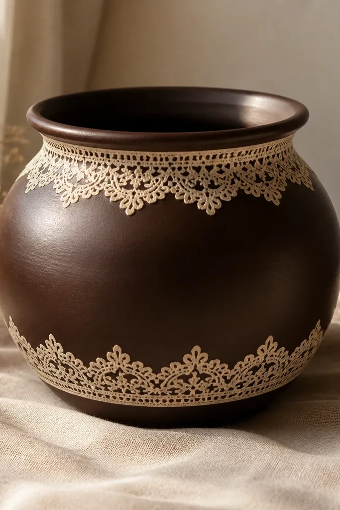 A pot painted deep chocolate brown with cream lace-like borders around the top and bottom edges. The lace pattern is delicate and repeated like trim, with small curving motifs.