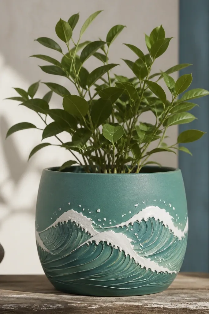 A pot painted teal with wave shapes across the front. White foam lines run along the top of the waves, and a few tiny bubbles are dotted near the wave crests.