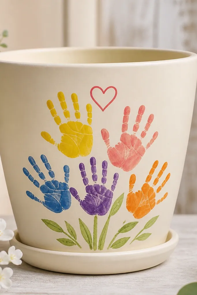 A pot with a light cream base and colorful handprints arranged like a bouquet on the front. Each handprint is painted in bright colors, with small finger gaps visible, and a simple heart outline near the top.